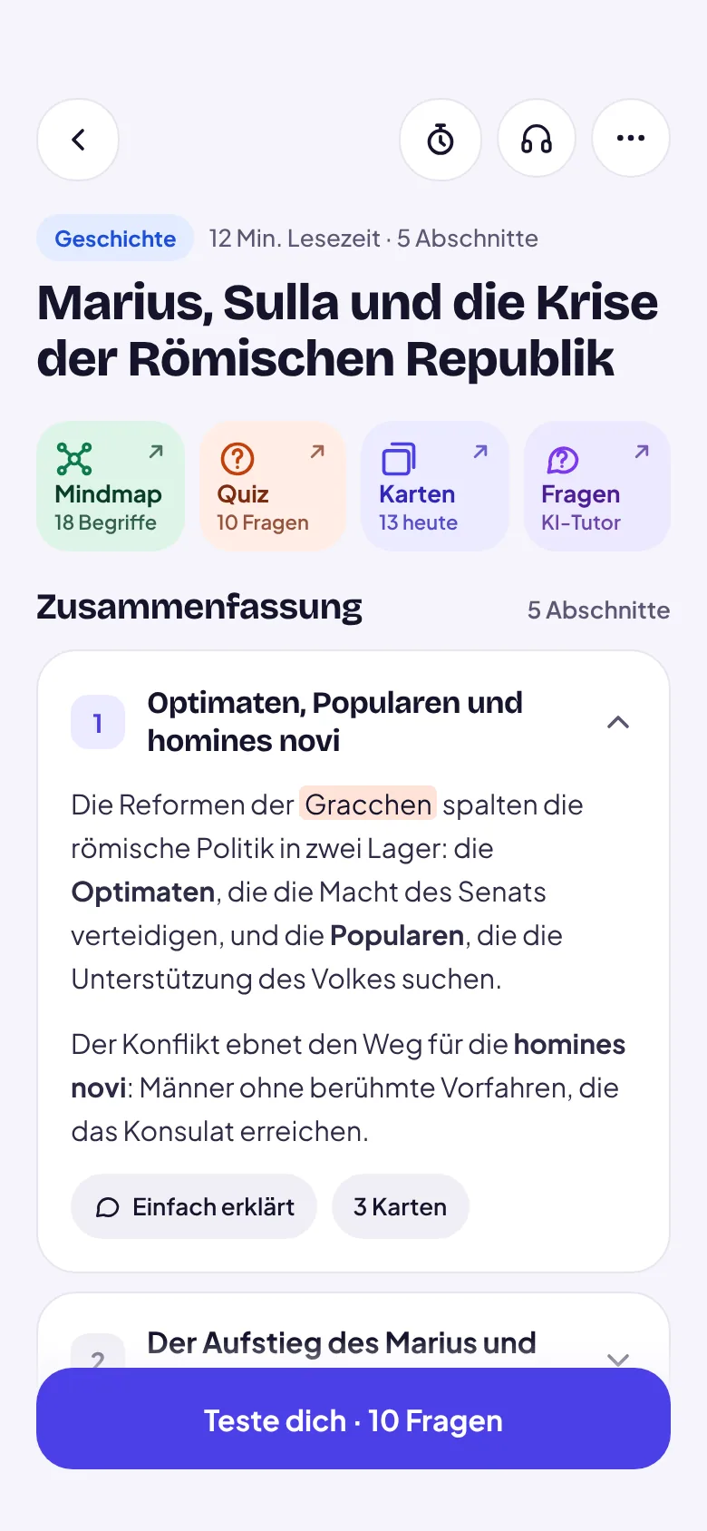 RSchool auf dem Smartphone: der Scan „Marius, Sulla und die Krise der Römischen Republik“ mit Zusammenfassung, Mindmap, Quiz und Karteikarten