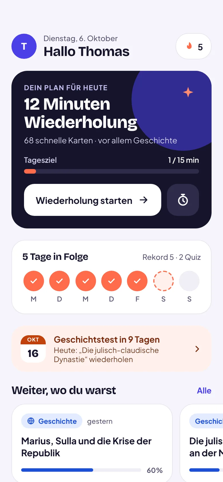 RSchool auf dem Smartphone: der Startbildschirm mit dem Plan für heute
