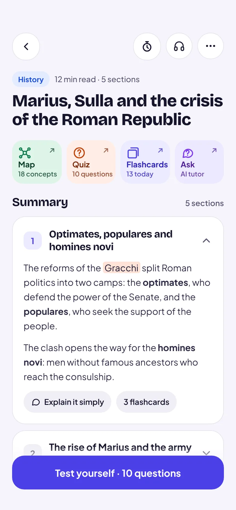 RSchool on a phone: the scan “Marius, Sulla and the crisis of the Roman Republic” with summary, map, quiz and flashcards